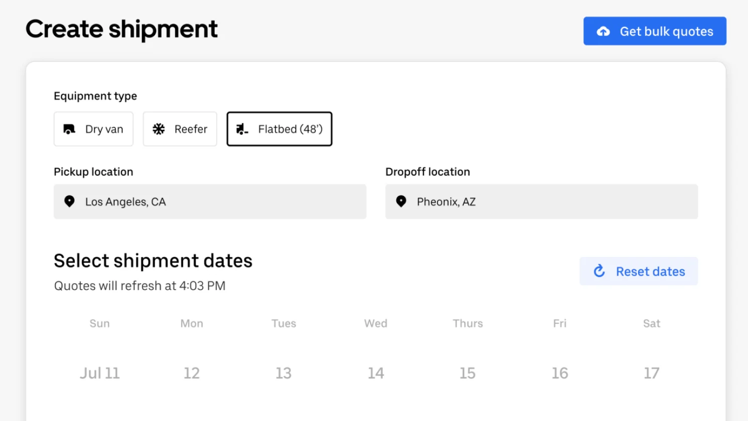 Shipment creation interface showing flatbed transport from Los Angeles to Phoenix with July 19-20 dates selected and $4,741 quote.