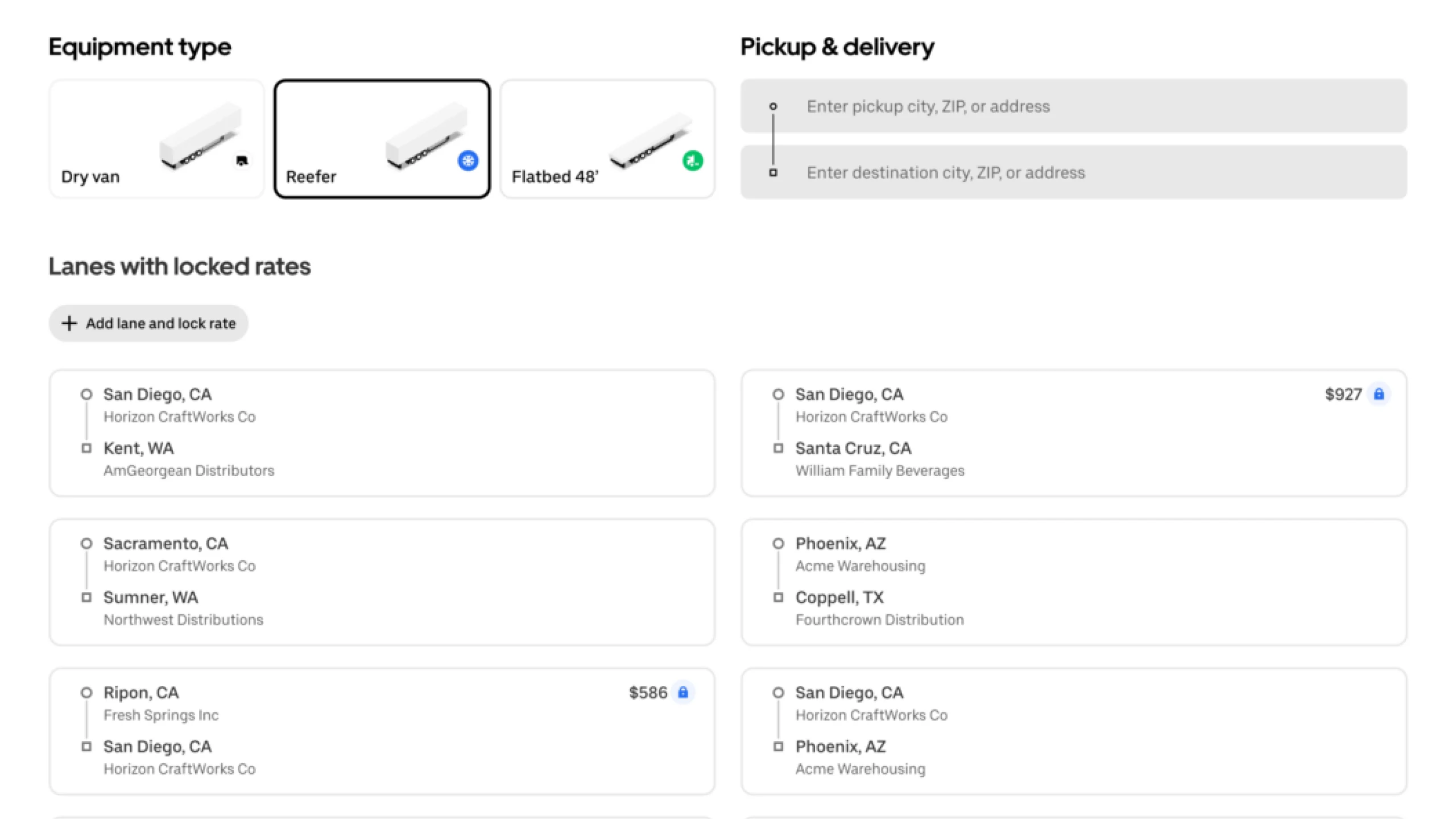 Uber Freight interface showing shipment creation page with service options, equipment types, and shipping lanes between various cities.